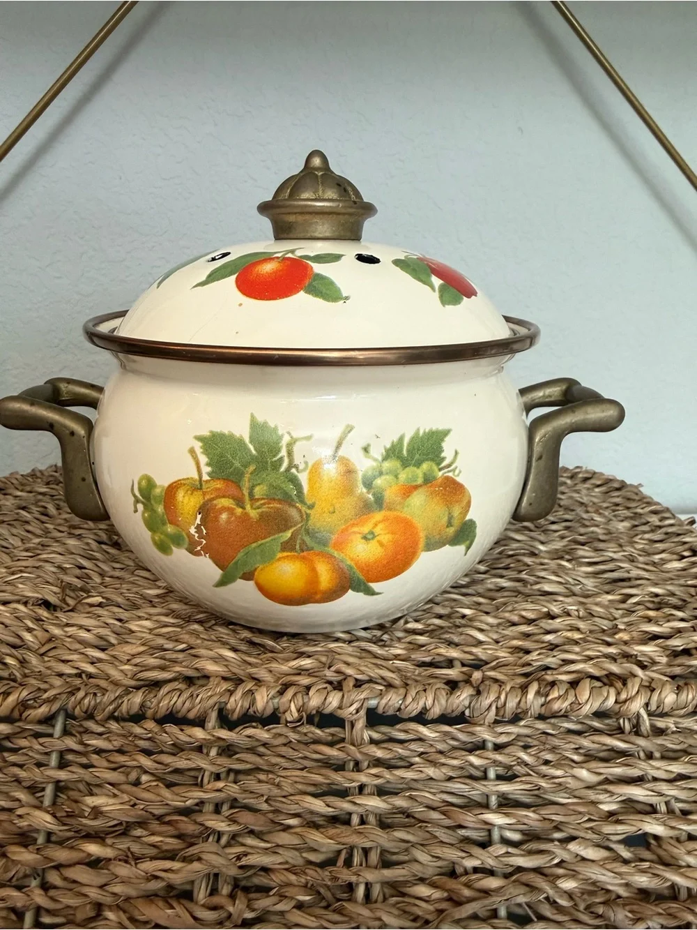 Vintage Fruit Enamel Stovetop Simmer Pot Brass Handles